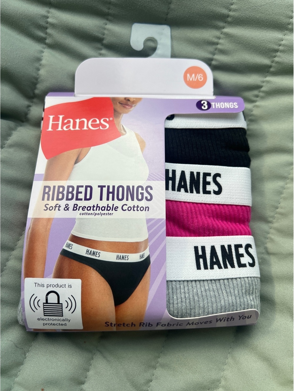 Hanes Ribbed Thongs 3-Pack Soft & Breathable Cotton Size M/6